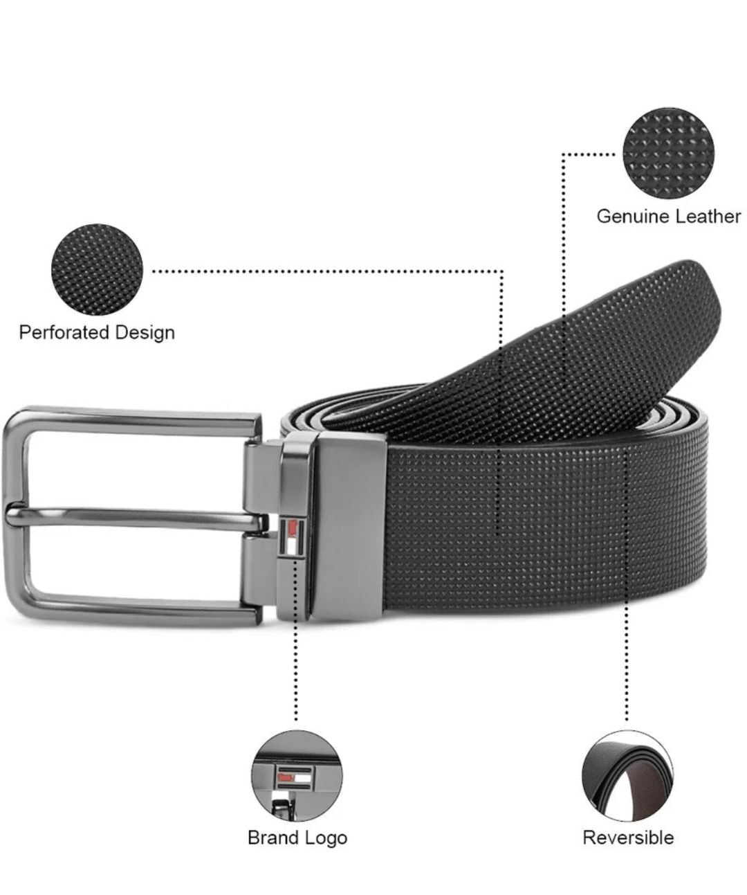 TOMMY HILFIGER:- Men Casual Genuine Leather Reversible Formal Black Belt