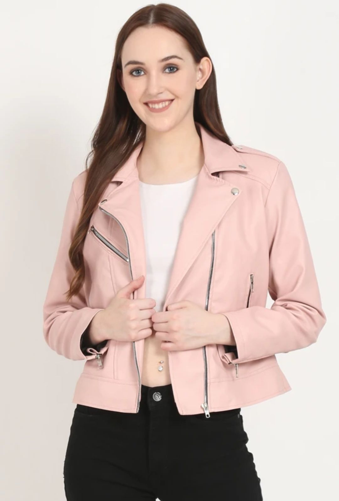 Pink Women Leather Jackets Women Solid Biker/Riding Jacket