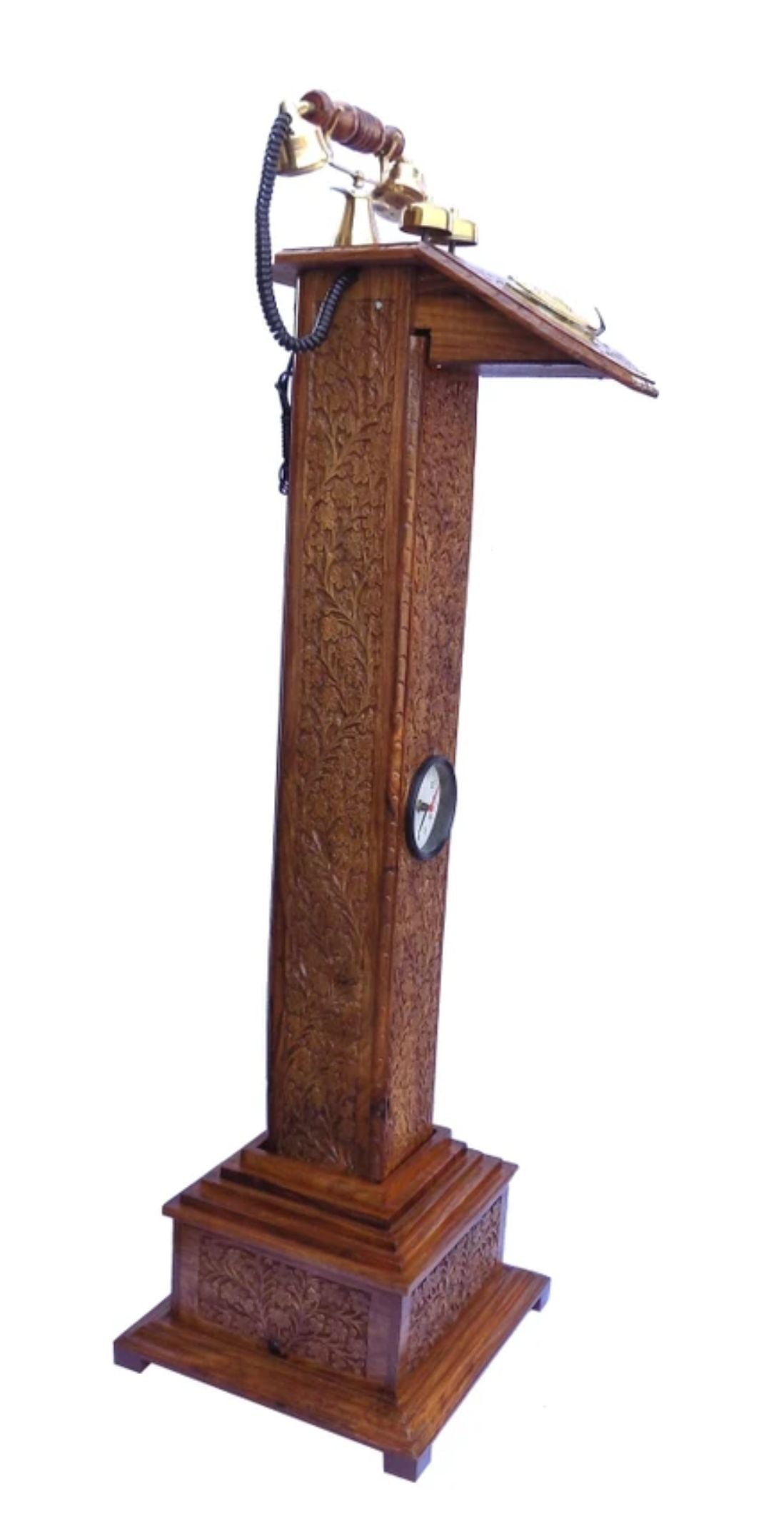 Sheesham Wood Made Thick Carved Telephone With Watch Corded Landline Phone (Brown)