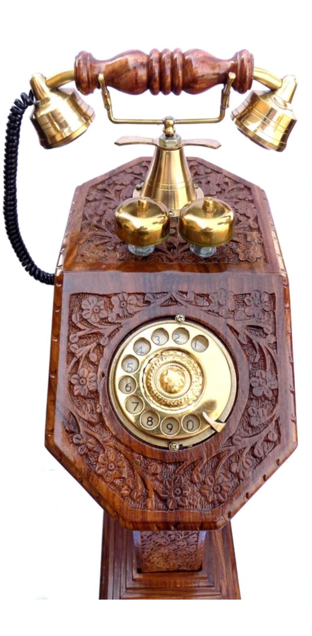 Sheesham Wood Made Thick Carved Telephone With Watch Corded Landline Phone (Brown)