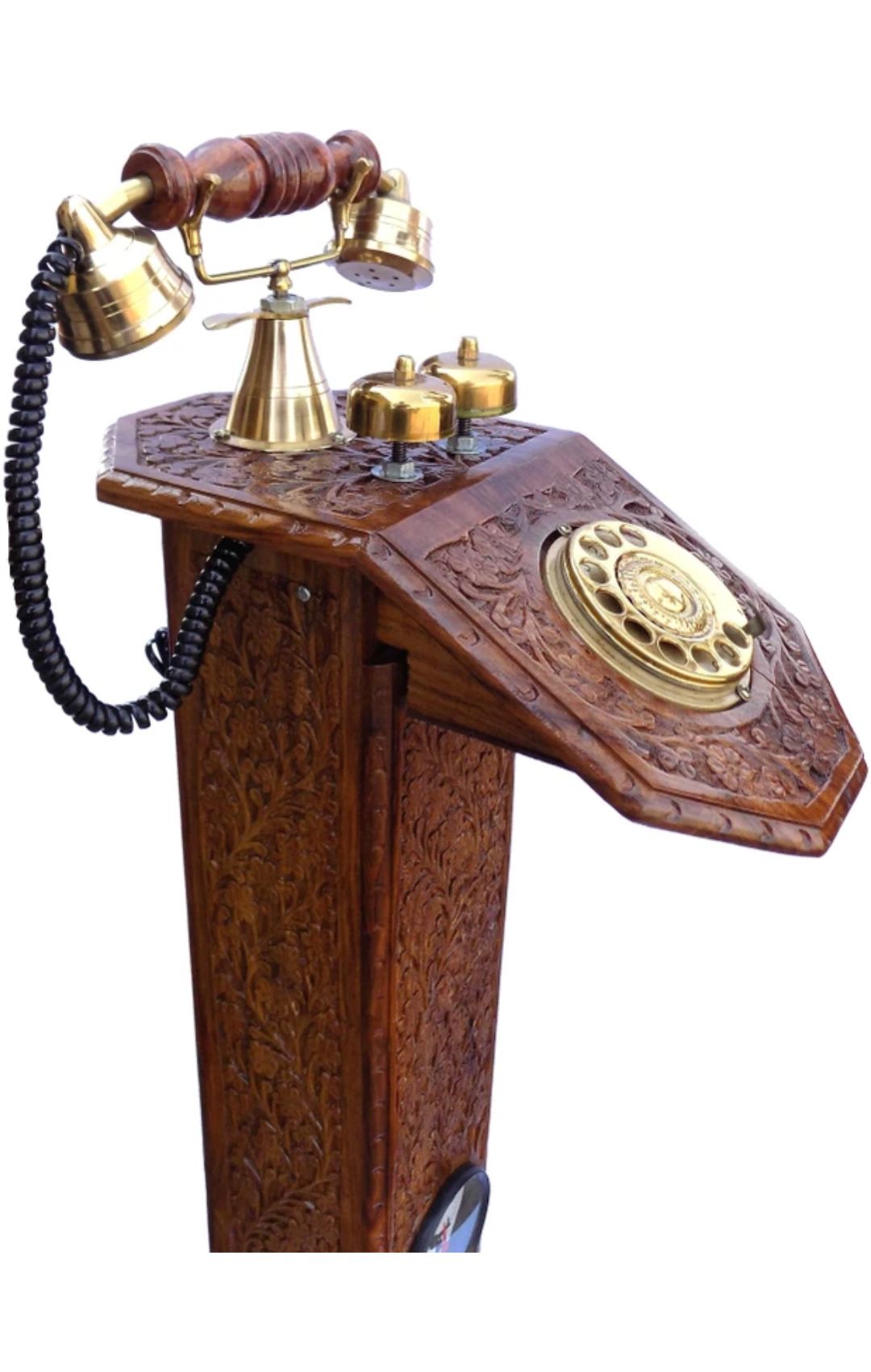 Sheesham Wood Made Thick Carved Telephone With Watch Corded Landline Phone (Brown)