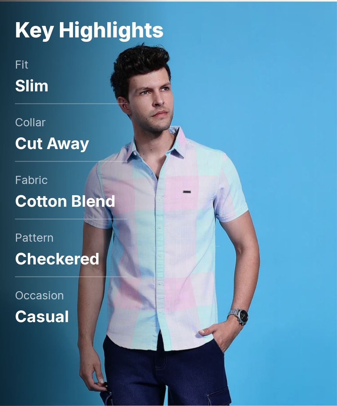 Men Slim Fit Checkered Cut Away Collar Casual Shirts