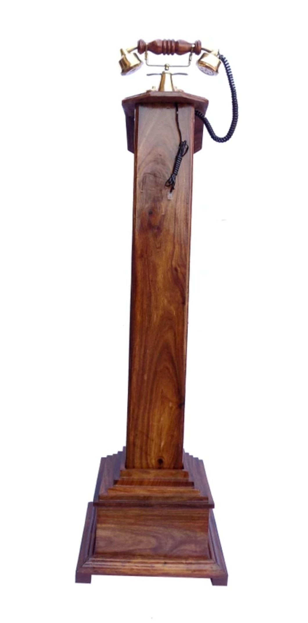 Sheesham Wood Made Thick Carved Telephone With Watch Corded Landline Phone (Brown)