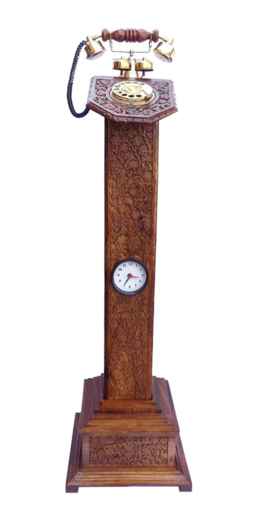 Sheesham Wood Made Thick Carved Telephone With Watch Corded Landline Phone (Brown)