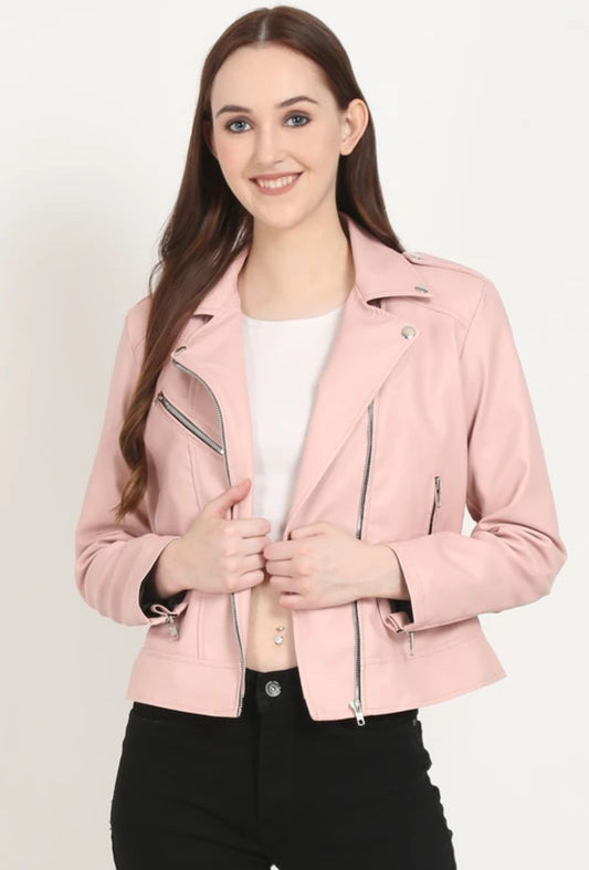Pink Women Leather Jackets Women Solid Biker/Riding Jacket