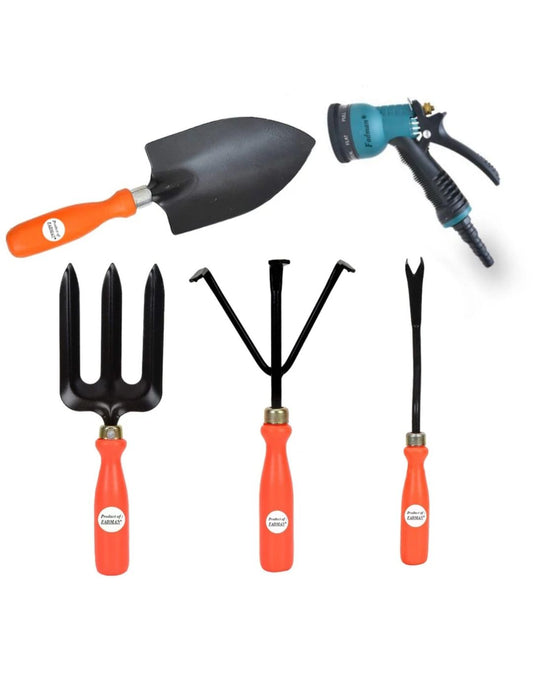 Garden Hand Tools Set of 5 pcs(weeder,hand rake,big trowel,garden fork, 7 pattern spray)