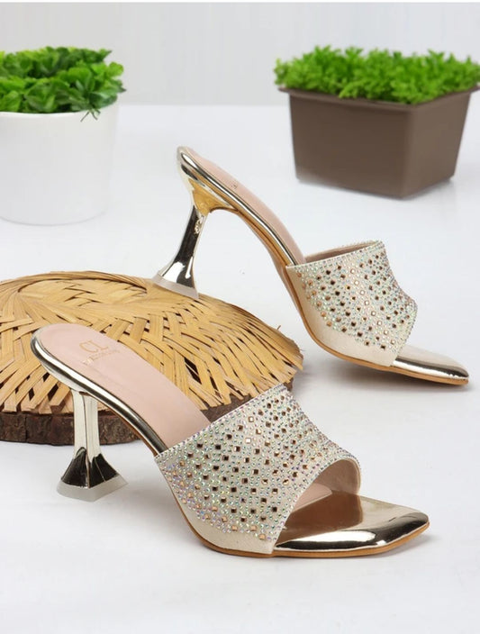 Women's Embellished Toe Sculted Heel Sandals ( Gold)