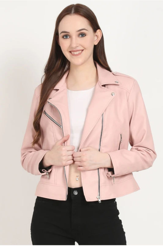 Pink Women Leather Jackets Women Solid Biker/Riding Jacket