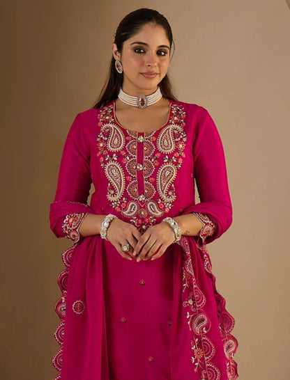 Women Slik Blend Kurta Palazzo Dupatta Set