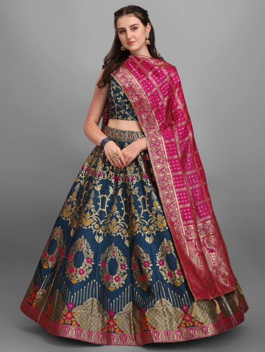 Solid Semi Stitched Lehenga Choli (Rama)